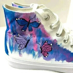 Hand Painted White w/ Blue/Pink/Purple Butterfly Lace High Top Sneaker Size 11
